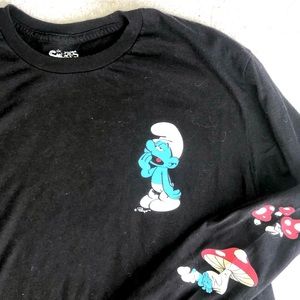 Smurf mushroom t-shirt long sleeve black tee with sleeve print unisex large